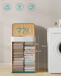 Bamboe wasmand, opvouwbare wasbak met deksel en uitneembare katoenen waszak, 72 L wasbox, waskist, 40 x 30 x 60 cm, beige LCB10Y — thumbnail 2
