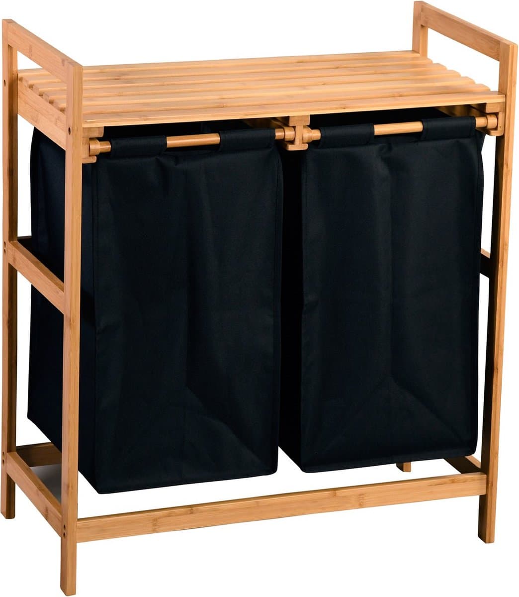 Wasmand met 2 vakken, 64x33x73cm, Bamboe, Polyester waszak — afbeelding 1