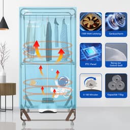 Uten Draagbare elektrische droger Gr886 - 2 lagen droog Design - Warmtepompdroger - 1500 W - Timer 0-180 Min - Elektrisch Droogrek met Verwarming - Wasdroger - Tot 15kg wasgoed - Als wasdroger, droogrek en Kledingkast- Hoogte 1.7 M - lichtblauw — thumbnail 5