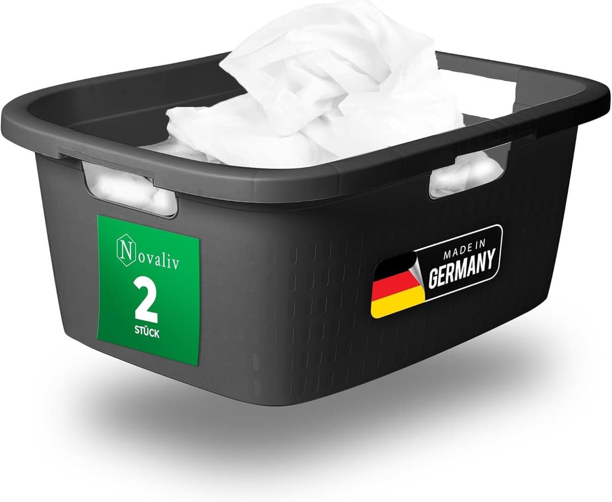 Novaliv 2-pack wastobbe met 3 handgrepen 25L antraciet, wasboxset wasemmer wascontainer voor badkamerwas vuile was, wastobbes wasmand opbergmand verzamelbox — afbeelding 1