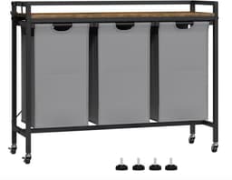 J&R Wasmand kastje - Wasmand met 3 vakken - Wassorteerder - Wasmand tafel - Waszak - Badkamerkast - Wasmand meubel - Wasmand rek - Dark brown - Zwart metaal — thumbnail 1