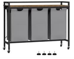 J&R Wasmand kastje - Wasmand met 3 vakken - Wassorteerder - Wasmand tafel - Waszak - Badkamerkast - Wasmand meubel - Wasmand rek - Dark brown - Zwart metaal