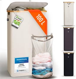 HENNEZ Wasmand met deksel van 100L opvouwbaar met bamboe frame - inclusief waszak - beige — thumbnail 4