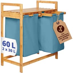 Lumaland Wasmand van bamboe - met 2 uitschuifbare waszakken - 60 L - Blauw — thumbnail 4