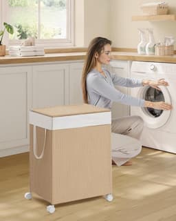 MAZAZU - Wasmand - 2 Compartimenten - Met Wielen - Beige - ‎46.5x37.5x65 — thumbnail 3