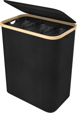 NAIZY Wasmand 3 vakken Wasverzamelaar Wasverzamelaar met deksel en 3 Wasbare waszakken Wasbox Waszak van Oxford stof voor wasruimte badkamer 140L, zwart — thumbnail 1