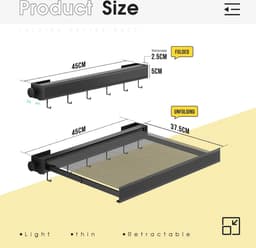Inklapbaar Droogrek 45 cm voor aan de Wand - Ruimtebesparend met Haken voor Sokkel en Ondergoed - Aluminium, Roestbestendig — thumbnail 2