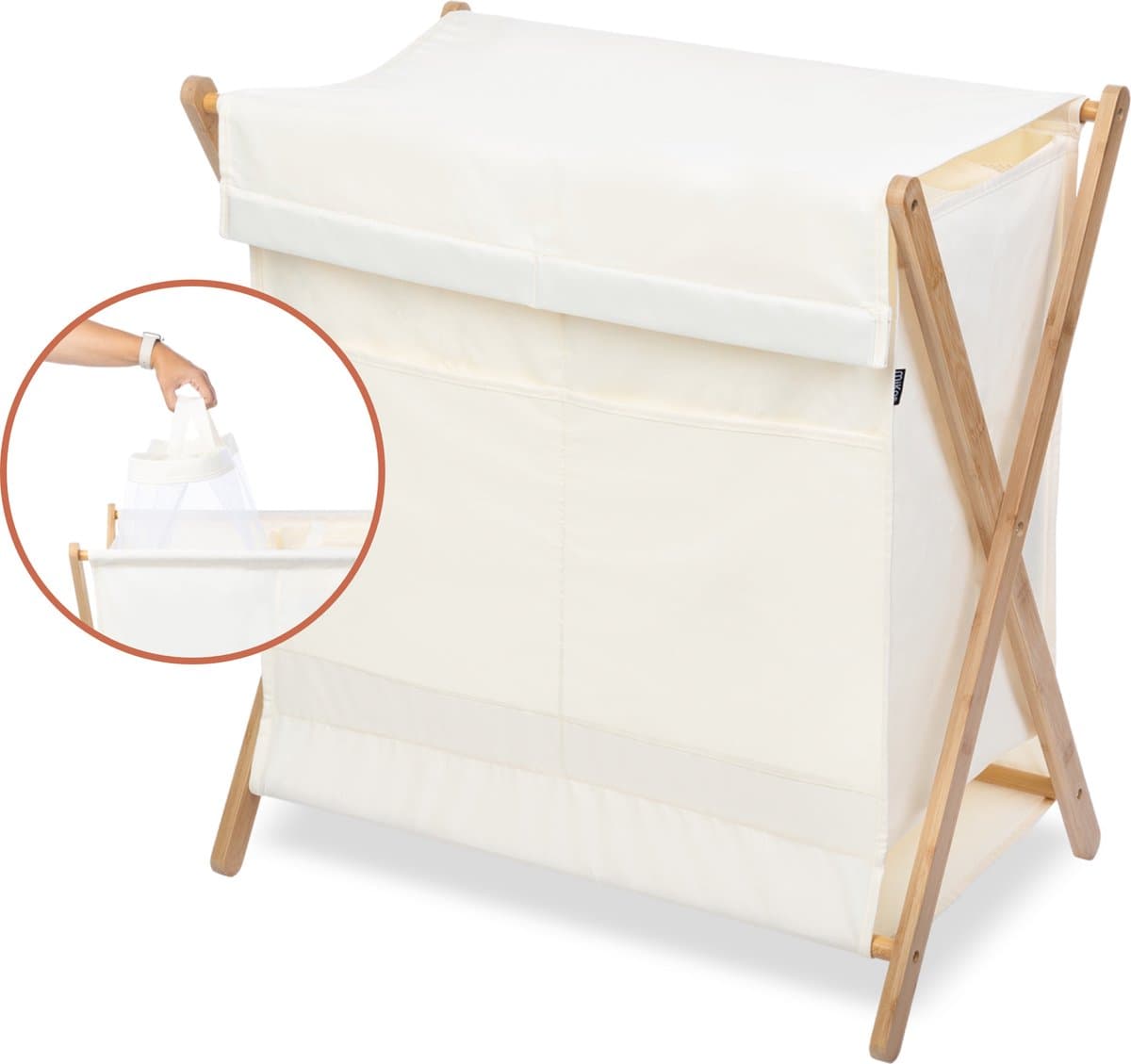 MiKas Wasmand - Wassorteerder met 2 vakken - Was mand met deksel - Uitneembare zakken - Beige — afbeelding 1