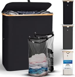 Hennez Wasmand Opbergmand 141L 2 Compartimenten met Deksel - 2 Zakjes Wasverzamelaar - Oxford Stof Rechthoekige Wasmand met Frame — thumbnail 1