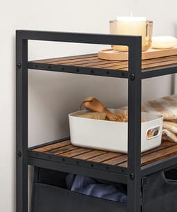 Wasmand 2 vakken – wassorteerder - uitschuifbaar met 2 planken - 73 x 33 x 91 cm – wasmand met uitneembare zakken en klittenband sluiting - 76L verdeeld over 2 zakken – wasmanden – wasmand zwart metaal - bruin hout — thumbnail 5