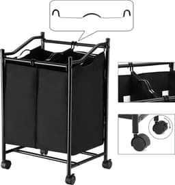 Wasmand met wielen en 2 vakken, wasmand, wasverzamelaar, waswagen met afneembare zakken, totale capaciteit 90 l, zwart, — thumbnail 5