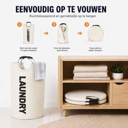 BOTC Wasmand - Waszak - 115L - Laundry basket - Wassorteerder - 43x79 cm - waszak vouwbaar - draagbaar wasbox - Gebroken wit — thumbnail 2