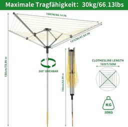 Droogmolen Buiten - Waslijn Molen - Buiten Wassen - 50 Meter Lijn - 180 cm Hoog - Zilver Grijs — thumbnail 5