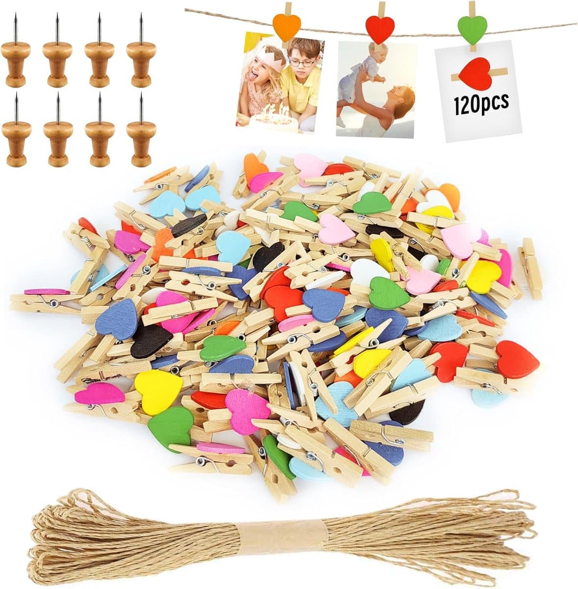 SnelShoppen - 120PCS Mini Houten Klemmen Hartvorm, Kleine Wasknijpers voor Foto's, 10M Jute Touw, Perfect voor Bruiloft, DIY Foto Wand, Feestdecoratie — afbeelding 1