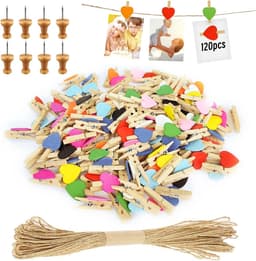 SnelShoppen - 120PCS Mini Houten Klemmen Hartvorm, Kleine Wasknijpers voor Foto's, 10M Jute Touw, Perfect voor Bruiloft, DIY Foto Wand, Feestdecoratie — thumbnail 1