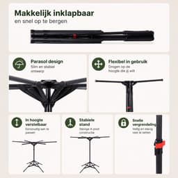 DPLUNIQ Wasrek - Droogrek - Droogmolen - Wasrek Inklapbaar - 6 uittrekbare stangen - Koolstofstaal - Draagvermogen 35-40kg - Zwart — thumbnail 3