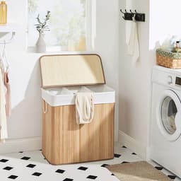 Wasmand Wasgoedmand Opbergmand 60 x 40 x 61,5 cm houtkleur 150L grote capaciteit met drie vakken en afneembare wasbare binnenzak deksel en handgrepen opvouwbaar en ruimtebesparend geschikt voor wasruimte slaapkamer en badkamer — thumbnail 4
