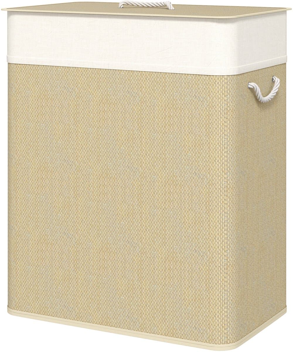 Wasmand van bamboe, wasbak met 2 vakken, wassorteerder met deksel en afneembare waszak, katoenen handvatten, 100 L wasbox — afbeelding 1