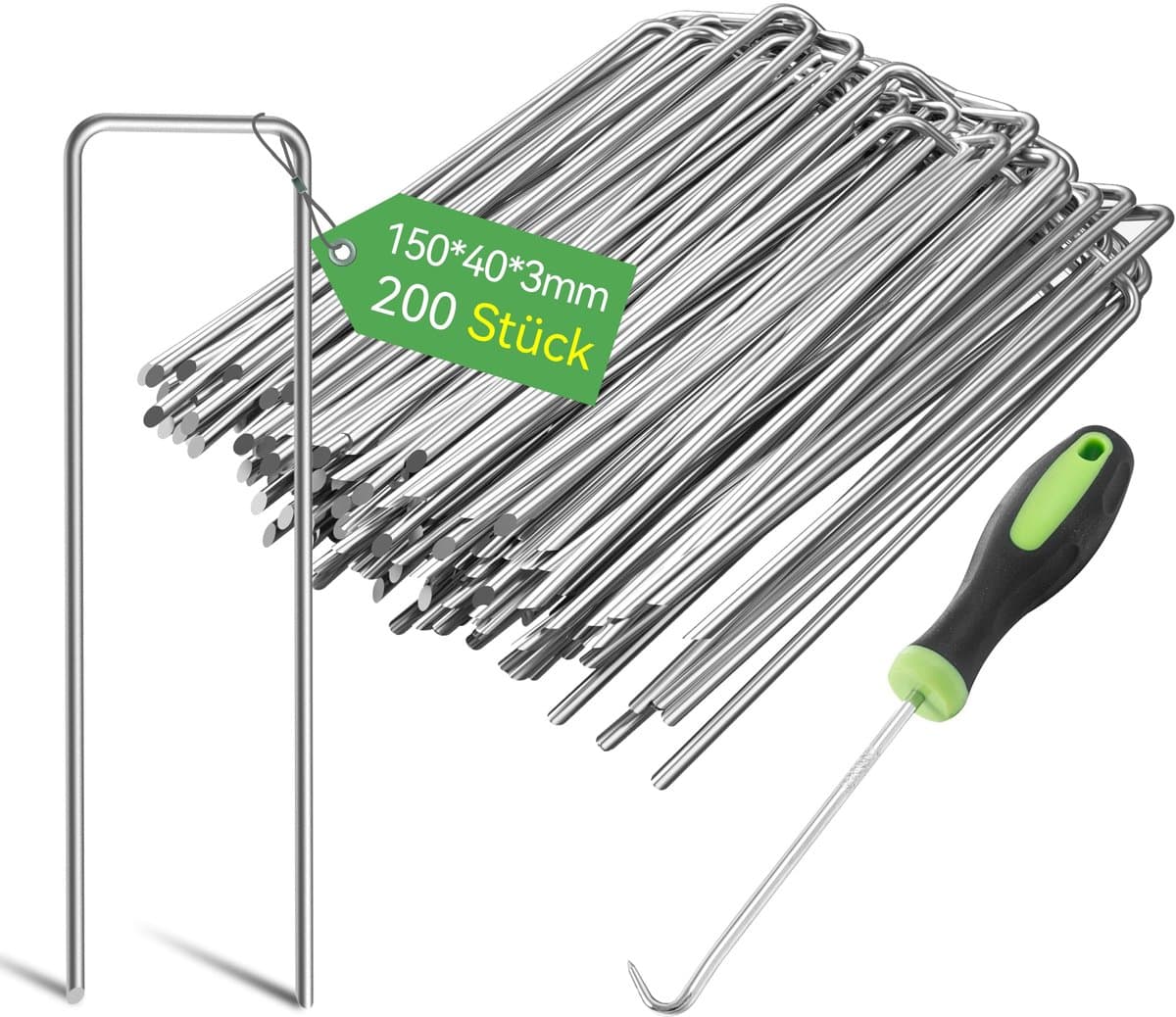 3 mm Zware Tuinnagels, Stalen Palen, Verzinkte Stalen Klemmen Voor Het Vastzetten van Onkruidvlies, Netten en Buizen met 1 Haak (15 cm, 200 Stuks) — afbeelding 1