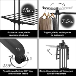 PIPIPOXER- Wasrek Inklapbaar-Droogrek-Staand Droogrek Inklapbaar-Met 3 sokkenclips-Wastoren-Ruimtebesparend Wasrek -75x49x170 CM-Ecologisch Was Drogen-Zwart — thumbnail 5
