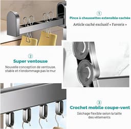 YAGXIG Wanddroogrek met zuignappen - Uitschuifbaar - Geschikt voor balkons, wasruimtes, badkamers en slaapkamers. — thumbnail 3