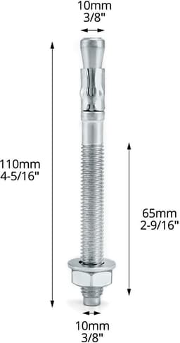 M10x110mm Bolt Anchors - Betonankers Muurankers - Zware Lasten Bevestigen - Corrosiebestendig Carbon Staal - 30 Stuks - Zilverkleurig — thumbnail 3