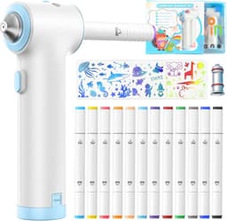 Speed Airbrush Elektrische verfspuitstiften, set van 12 textielmarkers met dubbele punt, 3 sjablonen en 2 sproeikoppen, heldere en rijke kleuren, na fixatie, wasmachinebestendig, textielverf — thumbnail 2