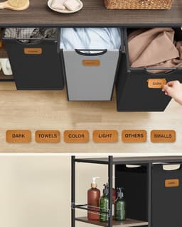 Wasmand met 3 compartimenten, 150 liter wasmand, wassorteerder, wielen, waswagen met planken, waszak met uitneembare zakken, 6 labels, kastanjebruin, inktzwart en duifgrijs BLH312B01 — thumbnail 5