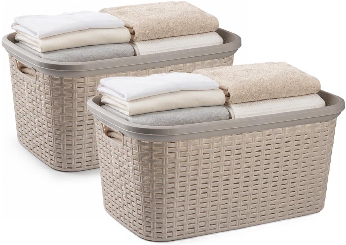 Plasticforte Wasmand - 2x - 35 liter - rotan - beige - kunststof - 53 x 36 x 26 cm - draagmand - met handvatten - lichtgewicht — afbeelding 1