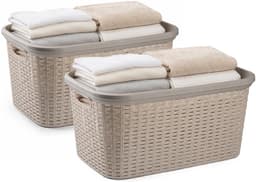 Plasticforte Wasmand - 2x - 35 liter - rotan - beige - kunststof - 53 x 36 x 26 cm - draagmand - met handvatten - lichtgewicht — thumbnail 1