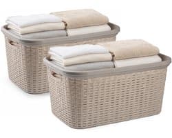 Plasticforte Wasmand - 2x - 35 liter - rotan - beige - kunststof - 53 x 36 x 26 cm - draagmand - met handvatten - lichtgewicht