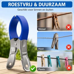 Arvion Roestvrijstalen Wasknijpers voor Strand- en Handdoeken, 6 Stuks, Grote Klemmen voor Zwembad, Stoelen en Wasserij, Stevige Veren, Blauw — thumbnail 3