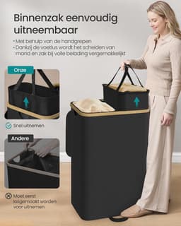 SONGMICS Wasmand met deksel, 150 liter, 2 vakken, bamboe frame — thumbnail 3