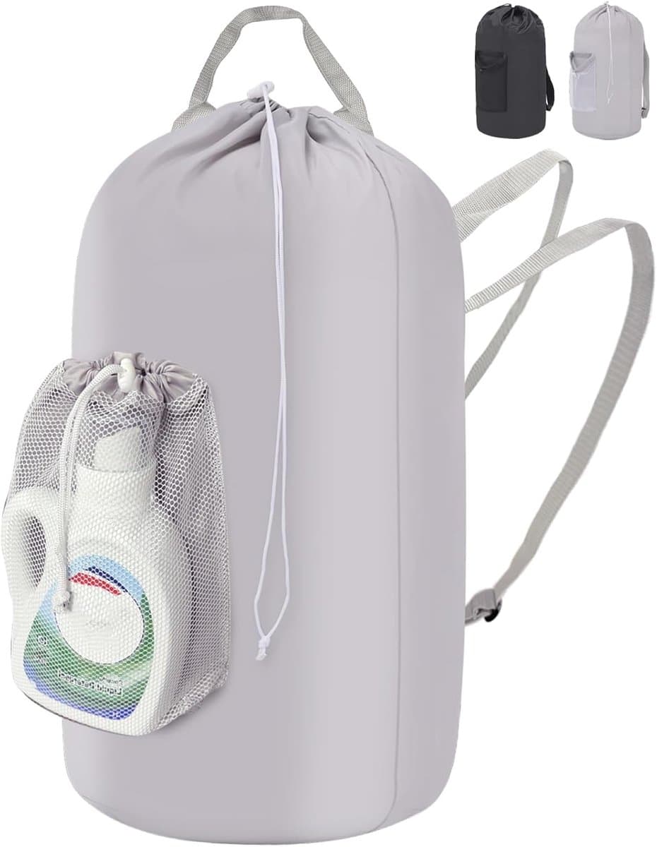 opvouwbare wasmand 95 l met handvat, hangende wasmand met zak en schouderriem, multifunctionele vuile waszak van stof voor reizen of slaapzaal, lichtgrijs — afbeelding 1