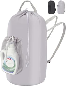 opvouwbare wasmand 95 l met handvat, hangende wasmand met zak en schouderriem, multifunctionele vuile waszak van stof voor reizen of slaapzaal, lichtgrijs — thumbnail 1