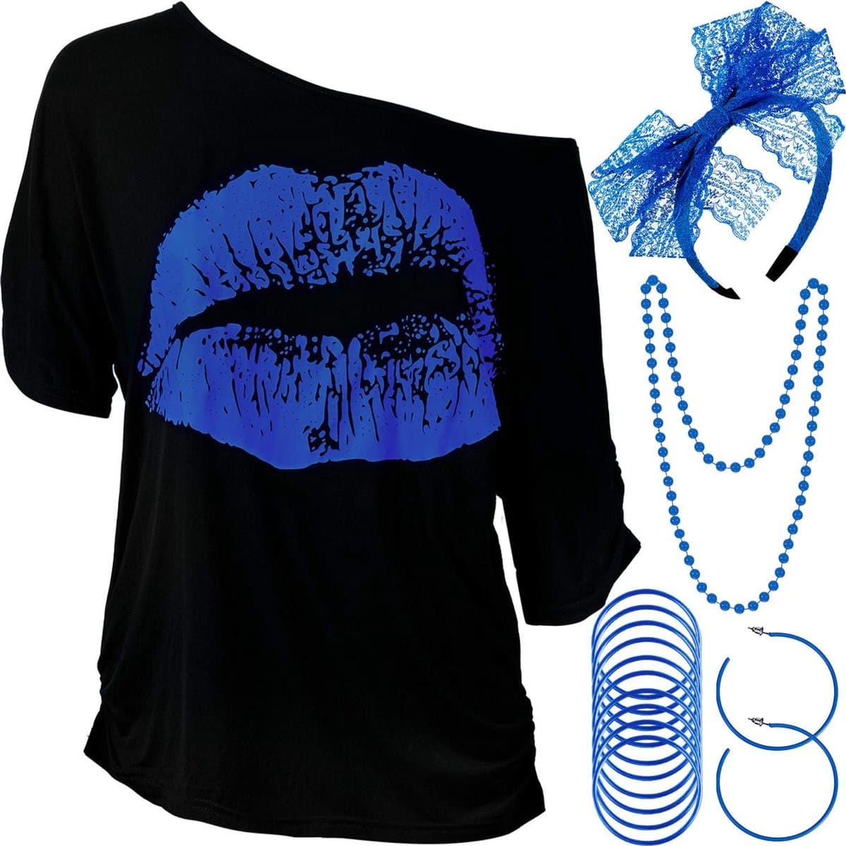 Dames jaren 80 kostuum accessoires set, lippen print T-shirt kant hoofdband oorbel halskettingen armband voor jaren 80 themafeest (koningsblauw, XXL) — afbeelding 1