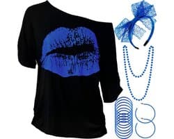 Dames jaren 80 kostuum accessoires set, lippen print T-shirt kant hoofdband oorbel halskettingen armband voor jaren 80 themafeest (koningsblauw, XXL)
