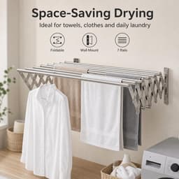SnelShoppen - Opvouwbare Kleding Airer Wandmontage Uitschuifbare Kleding Droogrek met 7 Stangen voor Balkon Wasruimte Badkamer Kledingdroger — thumbnail 2
