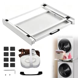 Universele stapelset voor wasmachines en drogers - Inclusief spanbanden, uitschuifbaar werkblad en 6 meter spanbanden - Uitschuifbaar stapelrek - Wasmachinebodemplank - Wit — thumbnail 3