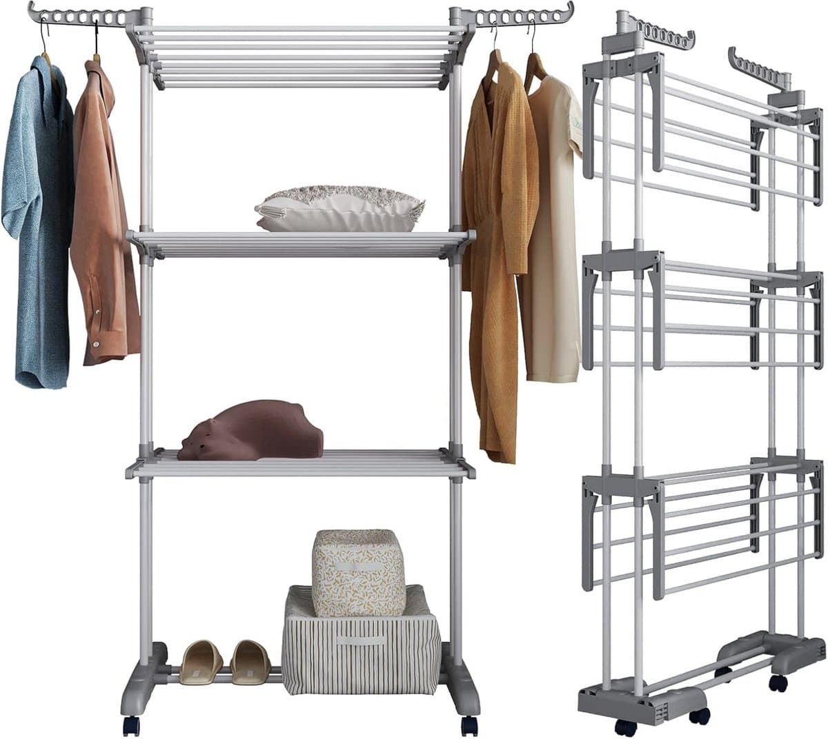 Droogrek met wieltjes, multifunctioneel, 4 etages, wasrek, toren, inklapbaar, staande droger, wasrek, ruimtebesparende vleugels, voor binnen en buiten (licht grijs) — afbeelding 1