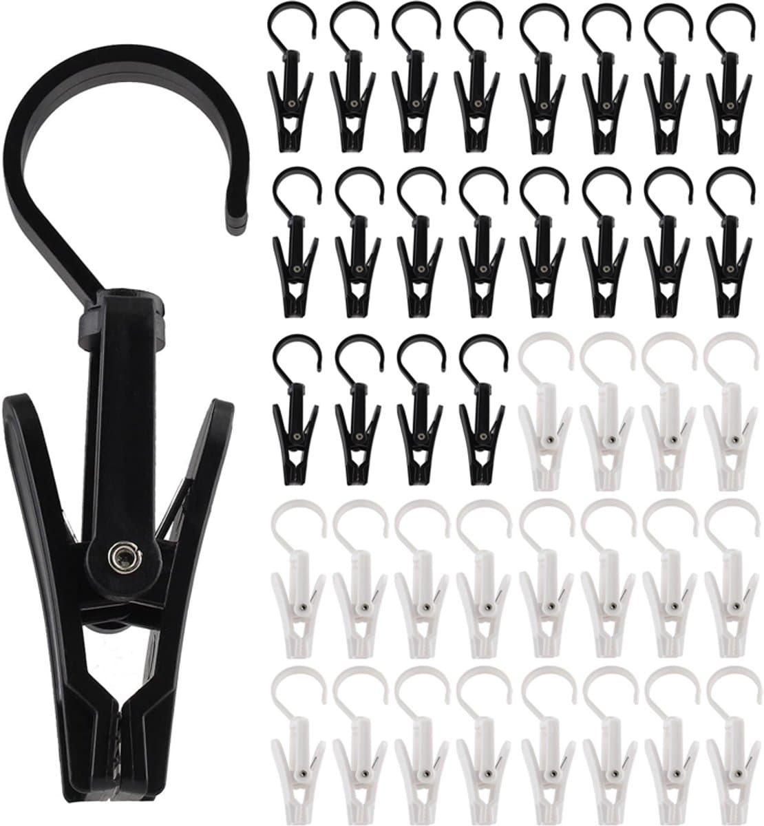 40 Stuks Wasknijpers - Washaken Clip - Knijpers - Met Haak - 360 Graden Draaibaar - Droogrek Knijpers - Wasrek Knijpers - Gordijnringen - Geschikt Voor Kledingwinkels, Thuis, Kantoor & Werkplaats - Wit, Zwart — afbeelding 1