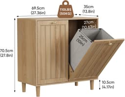 Pugsdrly Schuine wasmand met uitneembare binnenmand, badkamer-wasmand, verborgen wasmand, vrijstaand huishoudelijk rek, eikenhoutkleurig — thumbnail 2