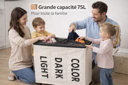 Wasmand Met Wieltjes - Vuile Was Mand - Kleding Sorteren - Drie Vakken Met Deksel - 34x54x53cm - Wit — thumbnail 3