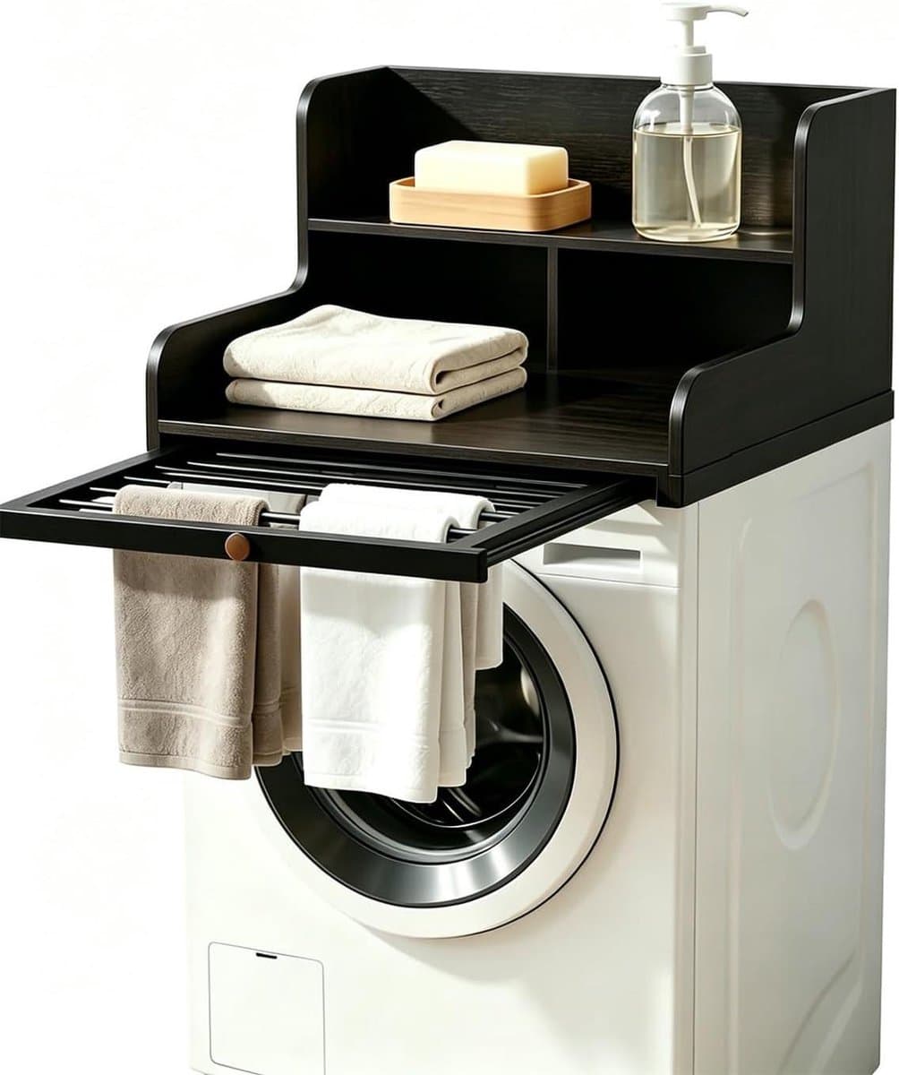 Wasmachine Onderstel - Droger Werkblad - Huishoudelijke Organisatie - Uittrekbare Drooglijn - 60 x 64 cm - Zwart — afbeelding 1