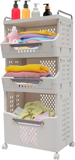 Laundry basket, plastic laundry collector, laundry trolley, laundry organiser, stackable laundry basket with wheels, laundry separator with 3 storage baskets, laundry sorting system, 41.7 x 29.7 x 89 cm — thumbnail 1