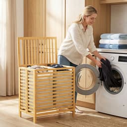 HOMCOM Wasmand-Bamboe, Polyester-55L x 36B x 64,2H cm-Natuurlijk hout + Crèmewit — thumbnail 3