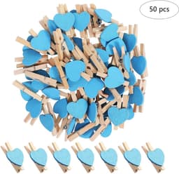 50-stuks Clips - Houten clips - Mini clips - Fotoclips - Hartvormige mini wasknijpers - Mini houten hartvormige wasknijpers - Geschikt voor foto's, paperclips, zelfgemaakte Valentijnskaarten, tekeningen, scrapbooks, enz. - Blauw — thumbnail 1