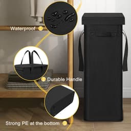Slim Laundry Basket with Lid 58L - Breathable & Foldable - Large Storage Basket for Clothes - Wash Bedroom - Black — thumbnail 2