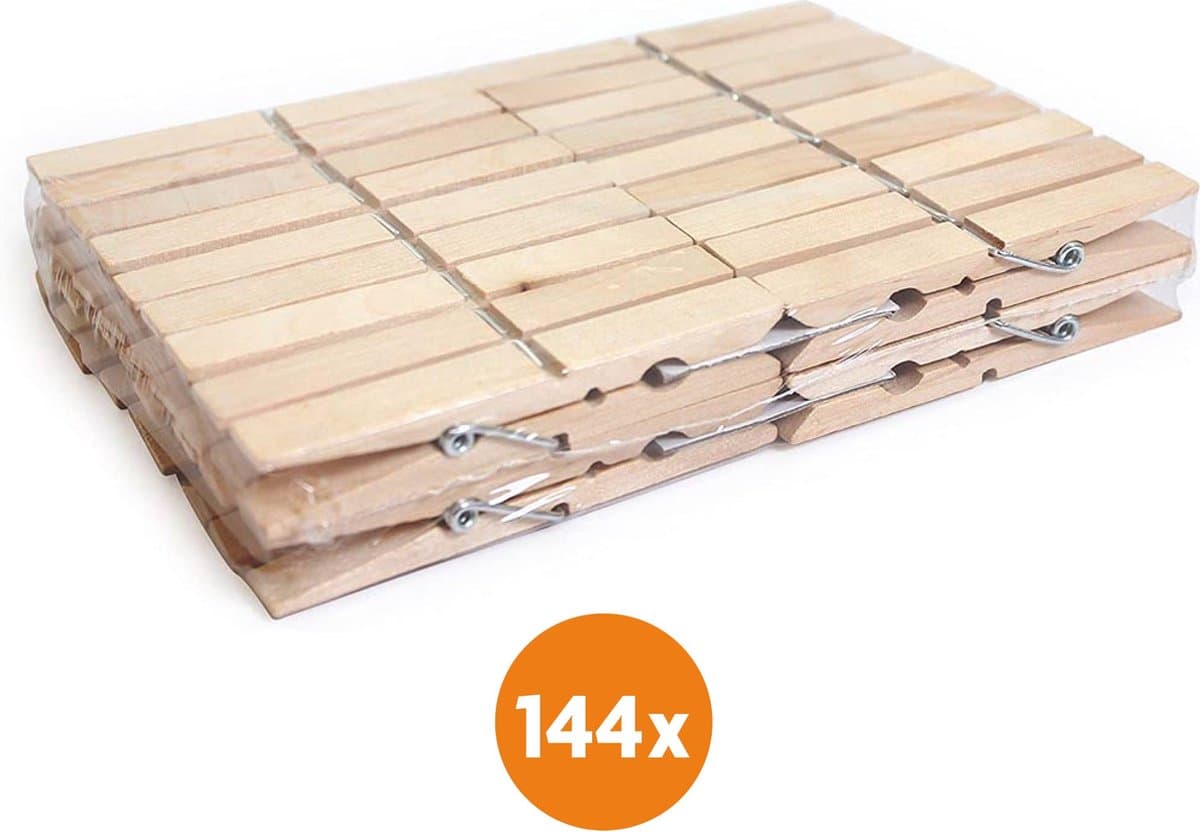 LaundrySpecialist 144x Houten Wasknijpers (100mm) - Wasknijpers - Wasknijpers hout - 144 stuks - Knijpers - Houten Knijpers — afbeelding 1