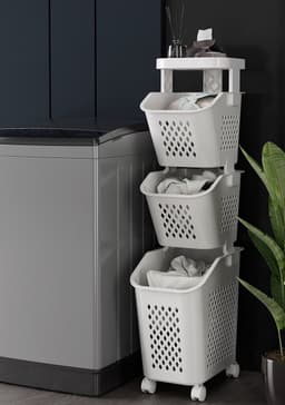 iBright Wassorteerder – Smalle Wasmand met 3 vakken - Op wieltjes - Staande wasbox - 3 Lagen - Wit — thumbnail 4